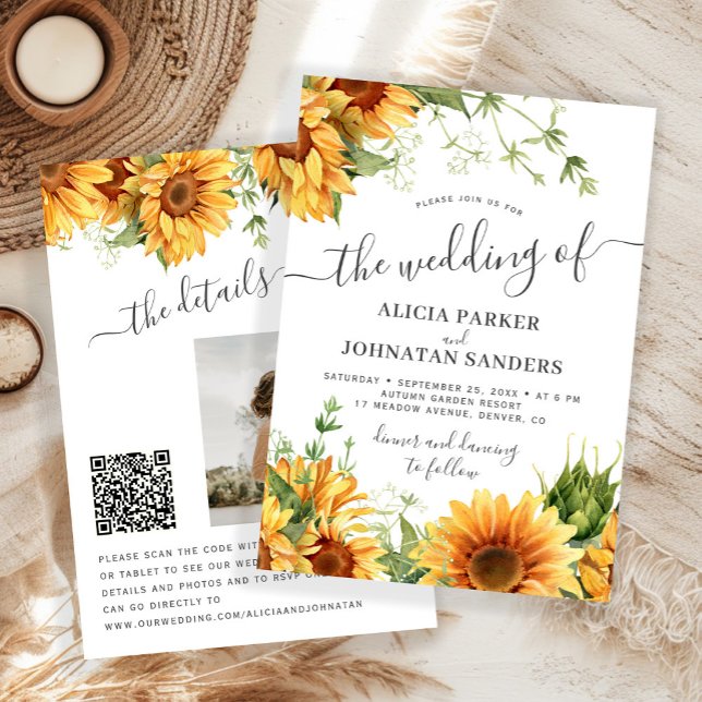 Boho floral sunflower black and white wedding invitation (Creator Uploaded)