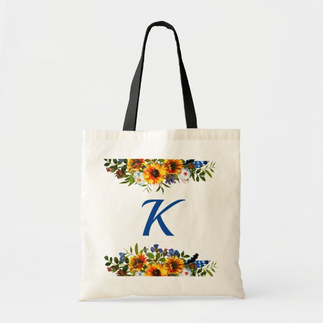 Boho Floral Sunflower Monogram Bridesmaid Tote Bag (Front)