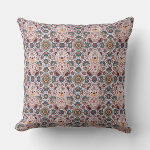 Boho Floral Teddy Bear and Ornate Mandala Seamless Throw Pillow