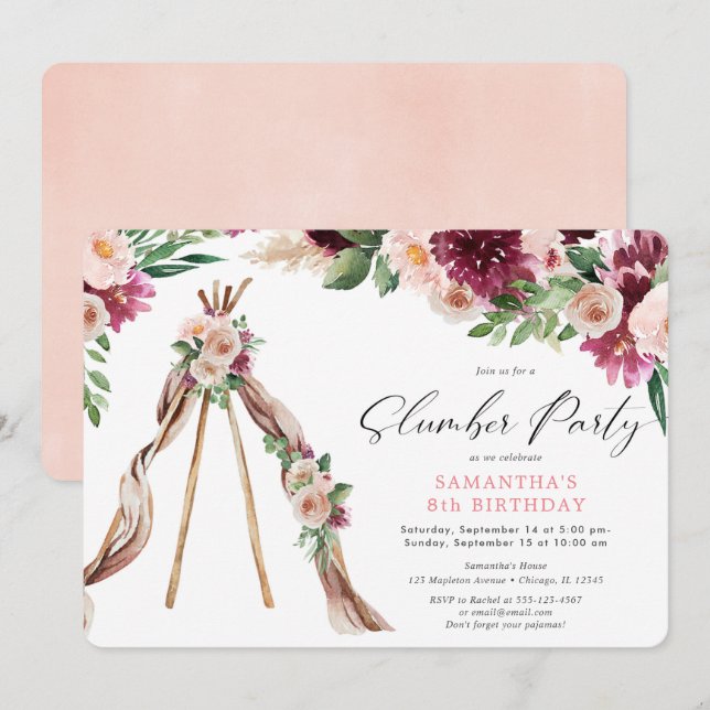 Boho floral teepee tent slumber party birthday invitation (Front/Back)