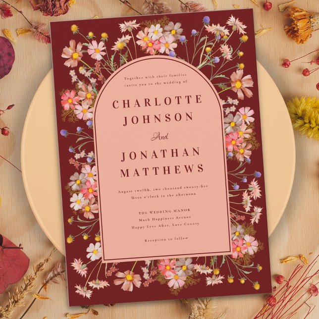 Boho Floral Terracotta Burnt Orange Fall Wedding Invitation (Wildflower boho arch elegant script terracotta burnt orange fall wedding invitation )