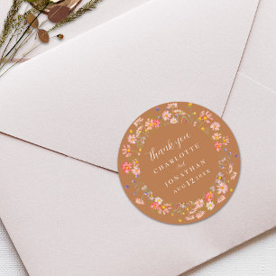 Boho Floral Terracotta Fall Wedding Thank You Classic Round Sticker