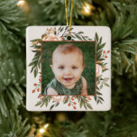 Boho Floral Terracotta Photo First Christmas Ceramic Ornament<br><div class="desc">Celebrate Baby's first Christmas with this beautiful photo Christmas ornament, featuring a hand painted floral frame in olive green, light peach, and terracotta burnt orange. The background is off-white but can be customized if desired. Easy to personalize with your own photo. The back contains text templates for further personalization, over...</div>