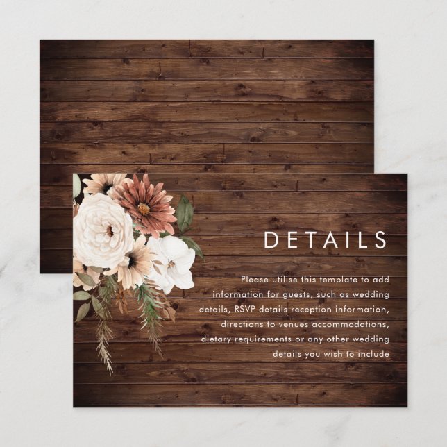 Boho Floral Terracotta Rustic Wood Wedding Details Enclosure Card (Front/Back)