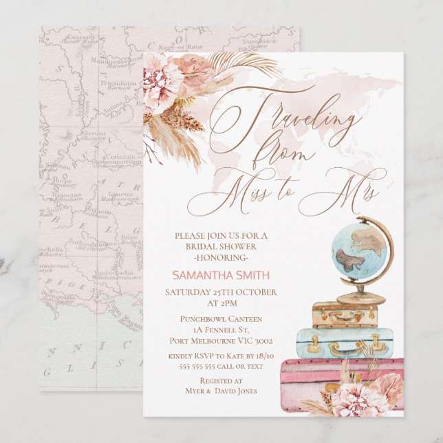 Boho Floral Traveling Miss to Mrs Bridal Shower Invitation (Front/Back)