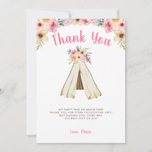 Boho Floral Tribal Teepee Birthday Thank You Card