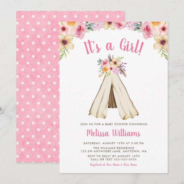 Boho Floral Tribal Teepee Girl Baby Shower Invite (Front/Back)