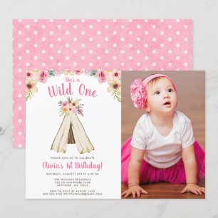 Boho Floral Tribal Teepee Wild One Birthday Photo Invitation