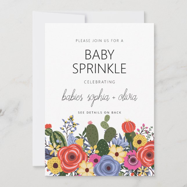 Boho Floral Twin Baby Sprinkle Invitation (Devant)
