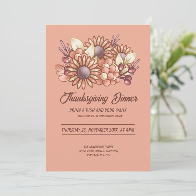 Boho floral Warm Peach Thanksgiving Dinner Invitation (Standing Front)