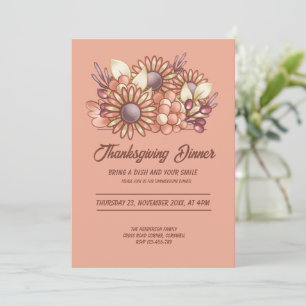 Boho floral Warm Peach Thanksgiving Dinner Invitation