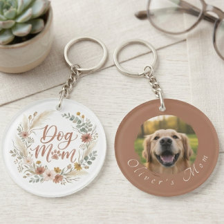 Boho Floral Watercolor Dog Mom Photo Keychain