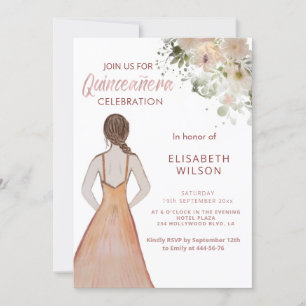Boho Floral watercolor girl in dress Quinceañera  Invitation