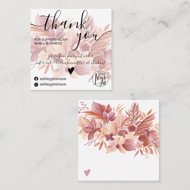 Boho floral watercolor girly order thank you square business card (Front/Back)