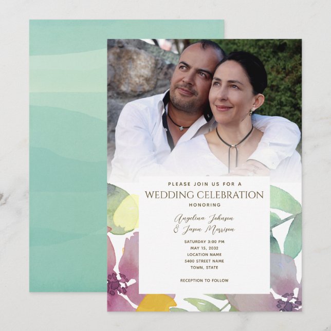 Boho Floral Watercolor Photo Wedding Invitation (Front/Back)