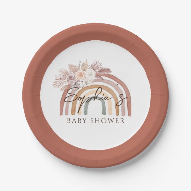 Boho Floral Watercolor Rainbow Baby Shower Paper Plate (Front)
