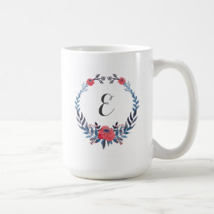 Boho Floral Watercolor Red Roses   Monogram Coffee Mug