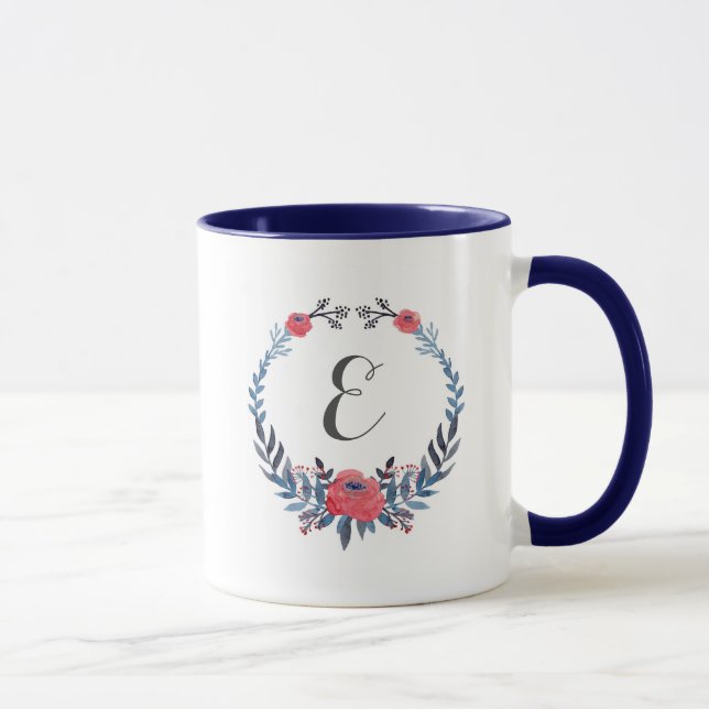 Boho Floral Watercolor Red Roses | Monogram Mug (Right)