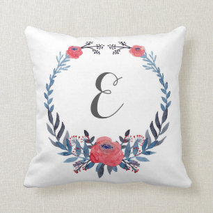 Boho Floral Watercolor Red Roses Monogram Throw Pillow