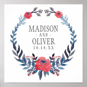 Boho Floral Watercolor Red Roses Wedding Poster