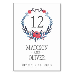 Boho Floral Watercolor Red Roses Wedding Table Number
