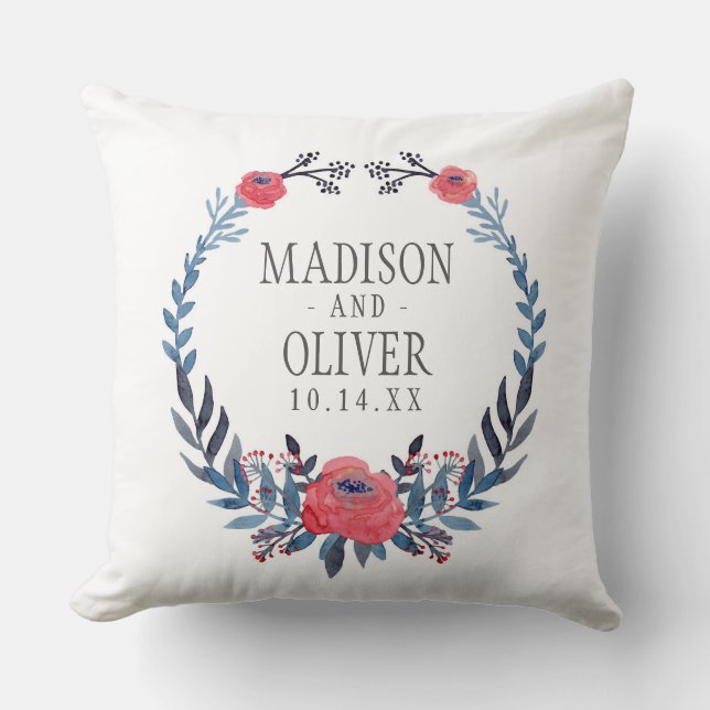 Boho Floral Watercolor Red Roses | Wedding Throw Pillow (Front)