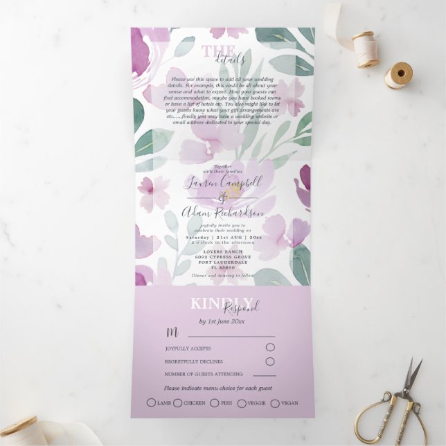 Boho Floral Watercolor Wedding  Tri-Fold Invitation (Inside)