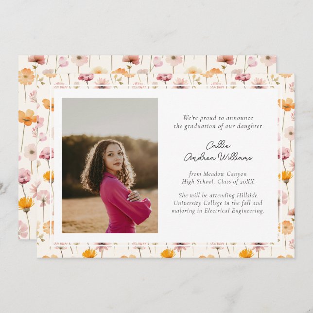 Boho Floral Watercolor Wildflowers Graduation Announcement (Front/Back)