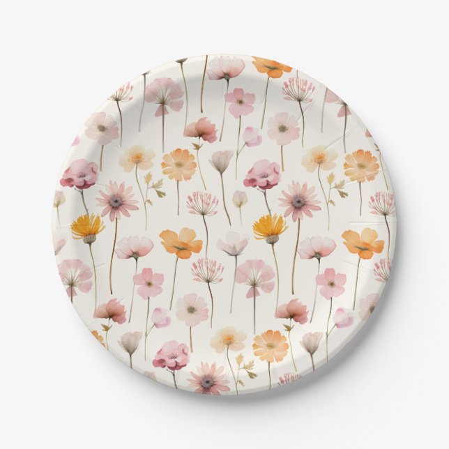 Boho Floral Watercolor Wildflowers Paper Plate (Front)
