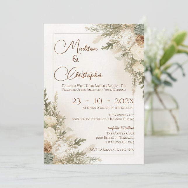Boho floral wedding invitation (Standing Front)