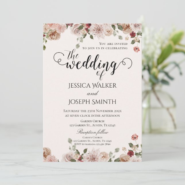 Boho Floral Wedding  Invitation (Standing Front)