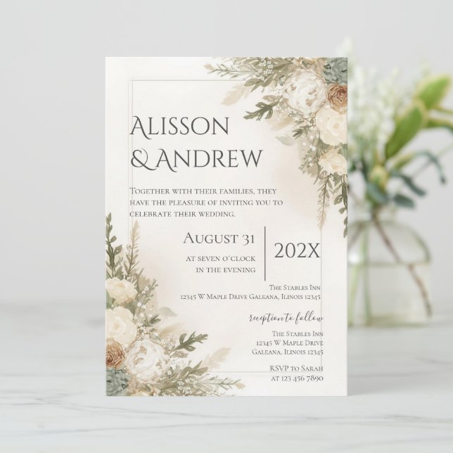 Boho Floral Wedding Invitation (Standing Front)