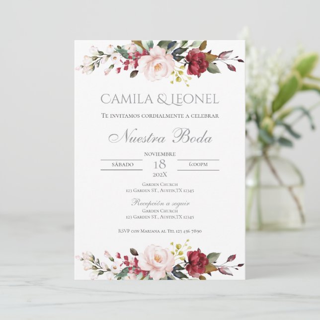 Boho Floral wedding invitation in Spanish (Standing Front)
