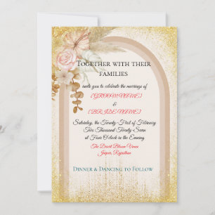 Boho Floral Wedding Invitation with Gold Sparks