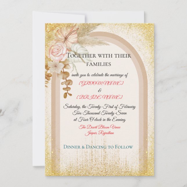 Boho Floral Wedding Invitation with Gold Sparks (Front)