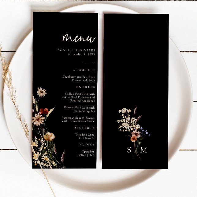 Boho Floral Wedding Menu (Black Boho Watercolor Floral Wedding Menu Monogram by Painted Paperie
)