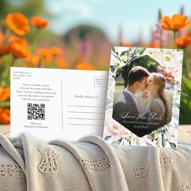 Boho Floral Wedding Photo QR code Save the Dates Postcard (Creator Uploaded)