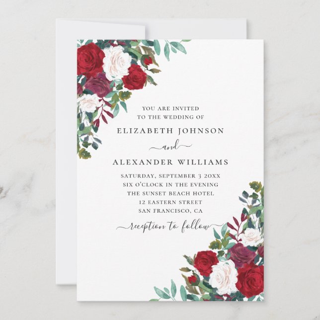 Boho floral wedding. Red and white elegant flowers Invitation (Front)