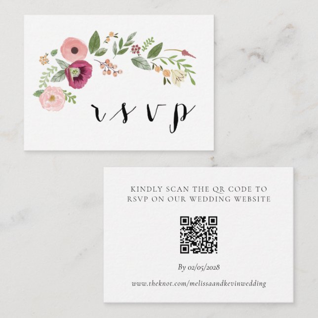 Boho Floral Wedding RSVP QR Code Carte de réponse (Devant / Derrière)