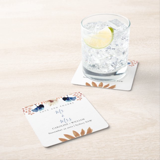 Boho Floral Wedding Square Paper Coaster (Insitu)