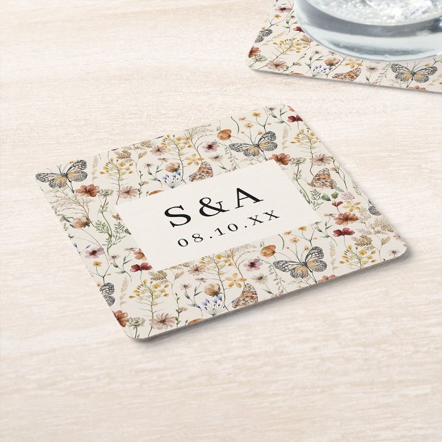Boho Floral Wedding Square Paper Coaster (Tan Wildflower with Butterflies Boho Floral Wedding Square Paper Coaster by Painted Paperie
)