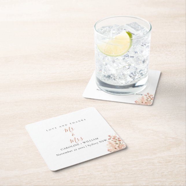 Boho Floral Wedding Square Paper Coaster (Insitu)