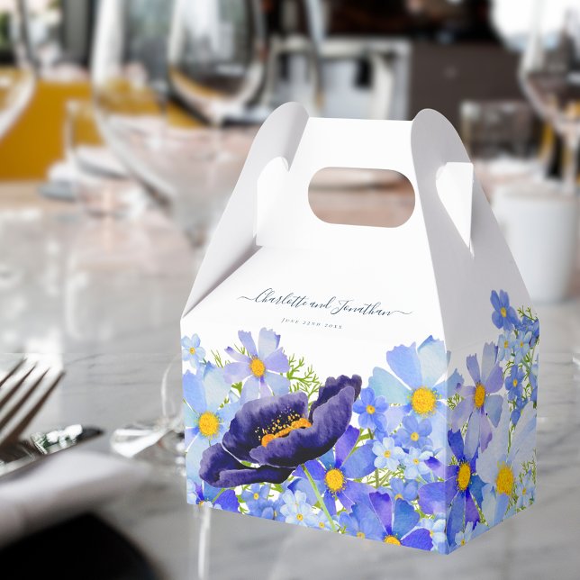 Boho Floral Wedding Thank You Favor Box (Elegant blue summer floral wedding favor box with stylish typography script & watercolor wildflowers)