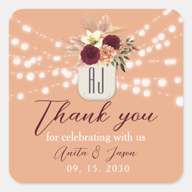 Boho Floral Wedding Thank You Square Sticker (Front)