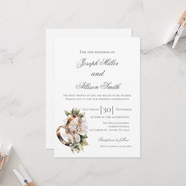 Boho floral wedding with rings invitation (Front/Back In Situ)