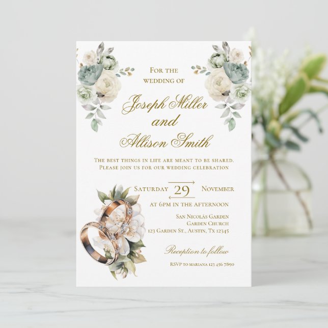 Boho floral wedding with rings invitation (Standing Front)