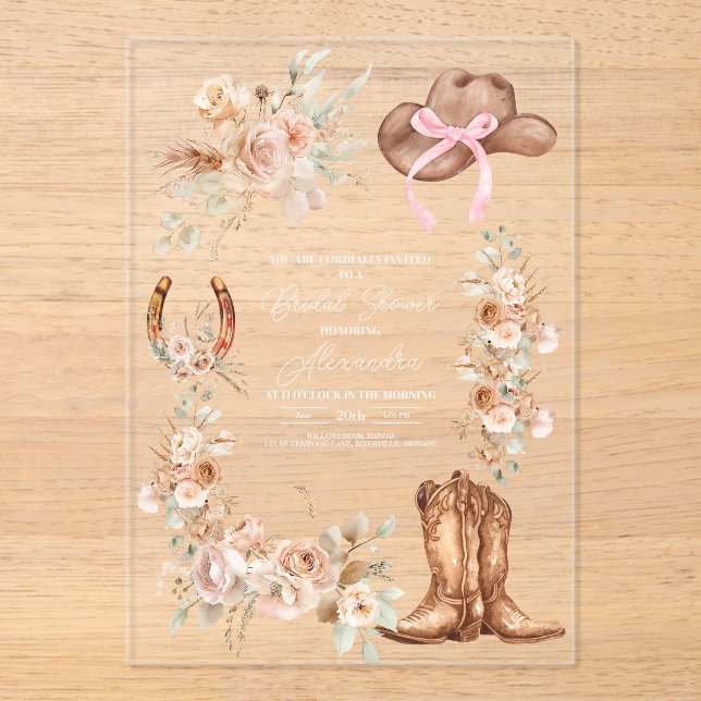 Boho Floral Western Bridal Shower Acrylic Invitations (Front)