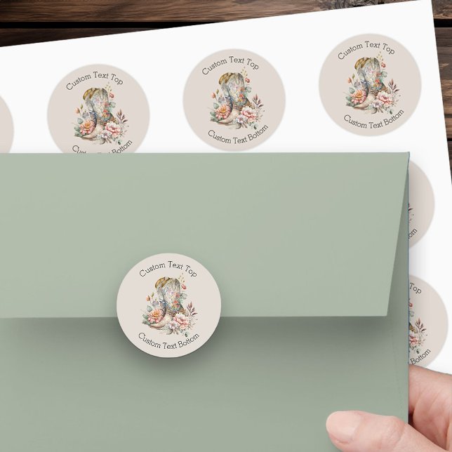 Boho Floral Western Cowgirl Boots Neutral Classic Round Sticker (Custom Stickers from my Boho Floral Cowgirl Boots Quinceanera Collection)