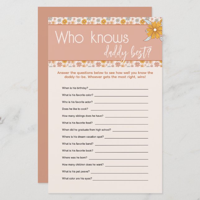 Boho Floral Who Knows Daddy Best Guessing Game (Front/Back)