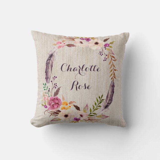 Boho Floral Wild One Baby Girl Nursery Decor Throw Pillow (Front)